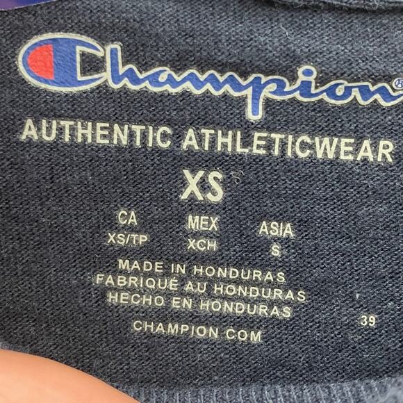 Champion Navy Blue White Spell Out Embroidered Logo Short Sleeve Crew Tee Shirt - Picture 2 of 8
